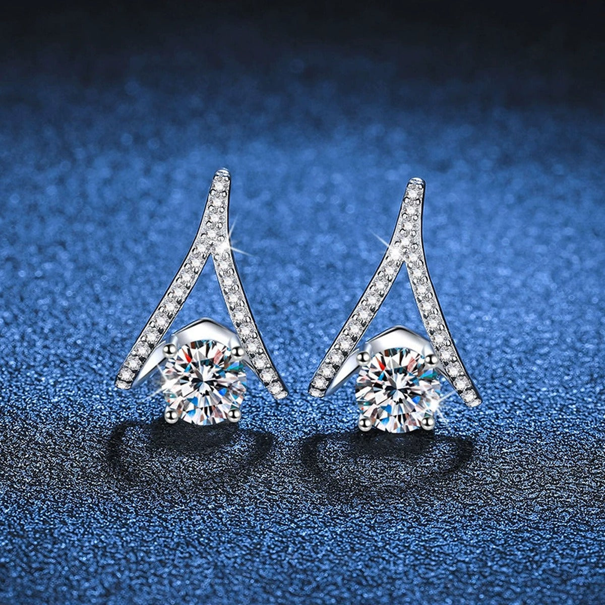 Triangle Moissanite Drop Earrings with CZ in White Gold-Plated S925 blue scene angled view