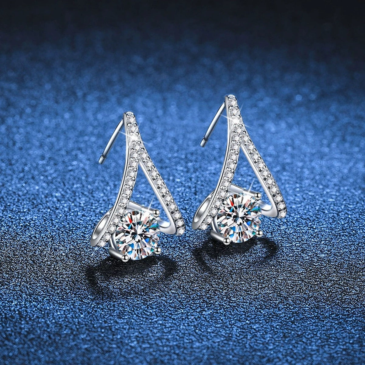 Triangle Moissanite Drop Earrings with CZ in White Gold-Plated S925 blue scene close-up view