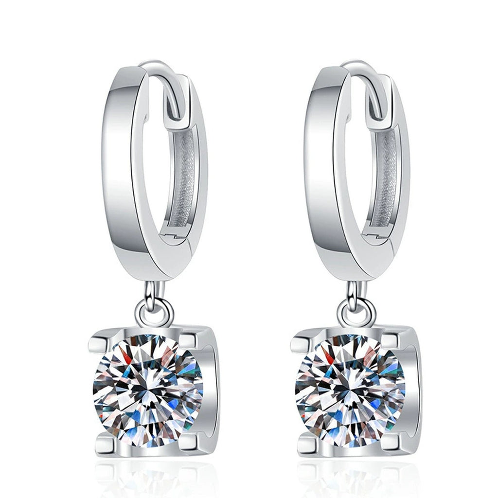 Square Cluster Moissanite Hoop Drop Earrings in White Gold-Plated S925 on clean white background showing square cluster drops hanging from polished huggie hoops