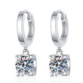 Square Cluster Moissanite Hoop Drop Earrings in White Gold-Plated S925 on clean white background showing square cluster drops hanging from polished huggie hoops