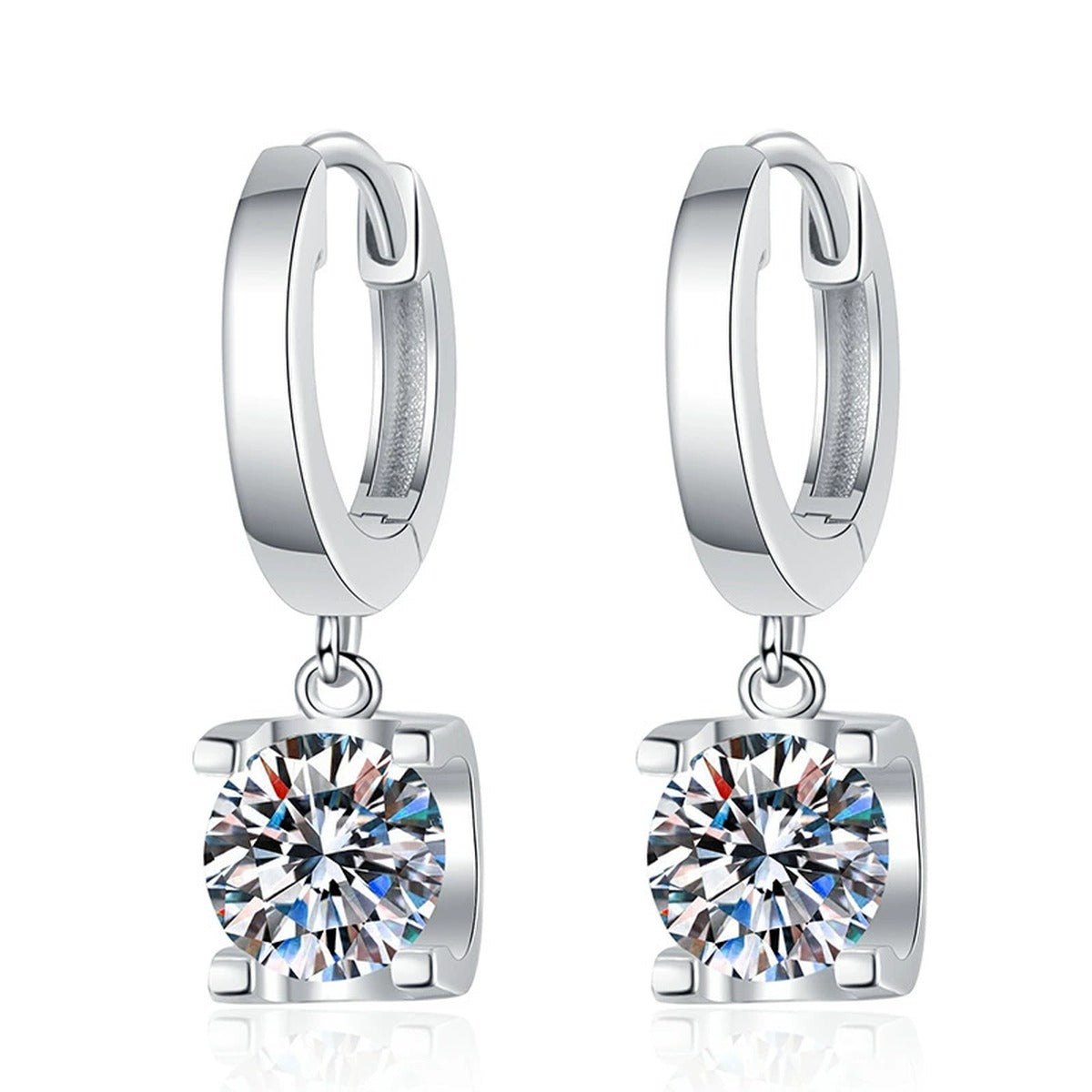 Square Cluster Moissanite Hoop Drop Earrings in White Gold-Plated S925 on clean white background showing square cluster drops hanging from polished huggie hoops