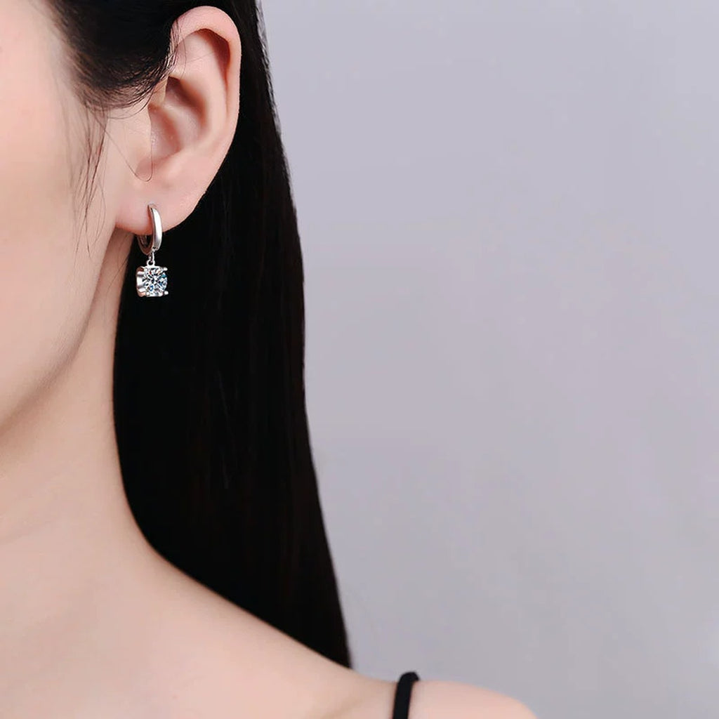 Square Cluster Moissanite Hoop Drop Earrings in White Gold-Plated S925 worn on ear by model