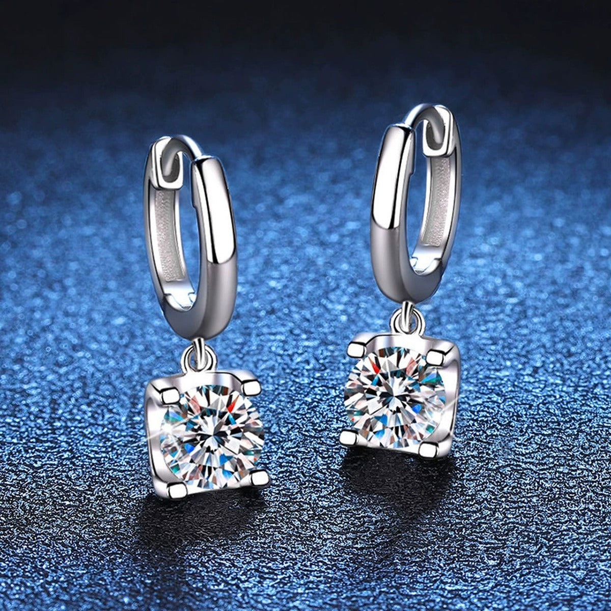 Square Cluster Moissanite Hoop Drop Earrings in White Gold-Plated S925 blue scene product view