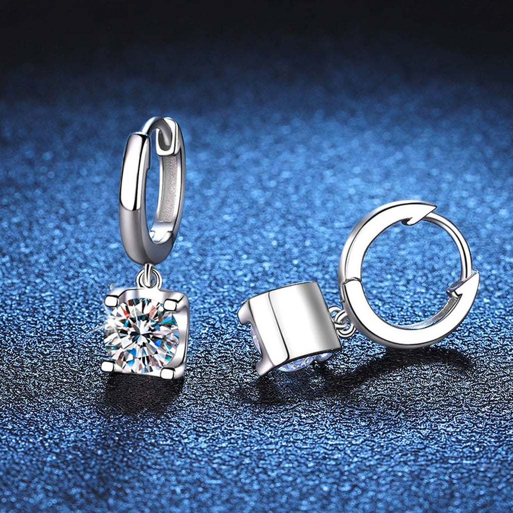 Square Cluster Moissanite Hoop Drop Earrings in White Gold-Plated S925 blue scene angled view