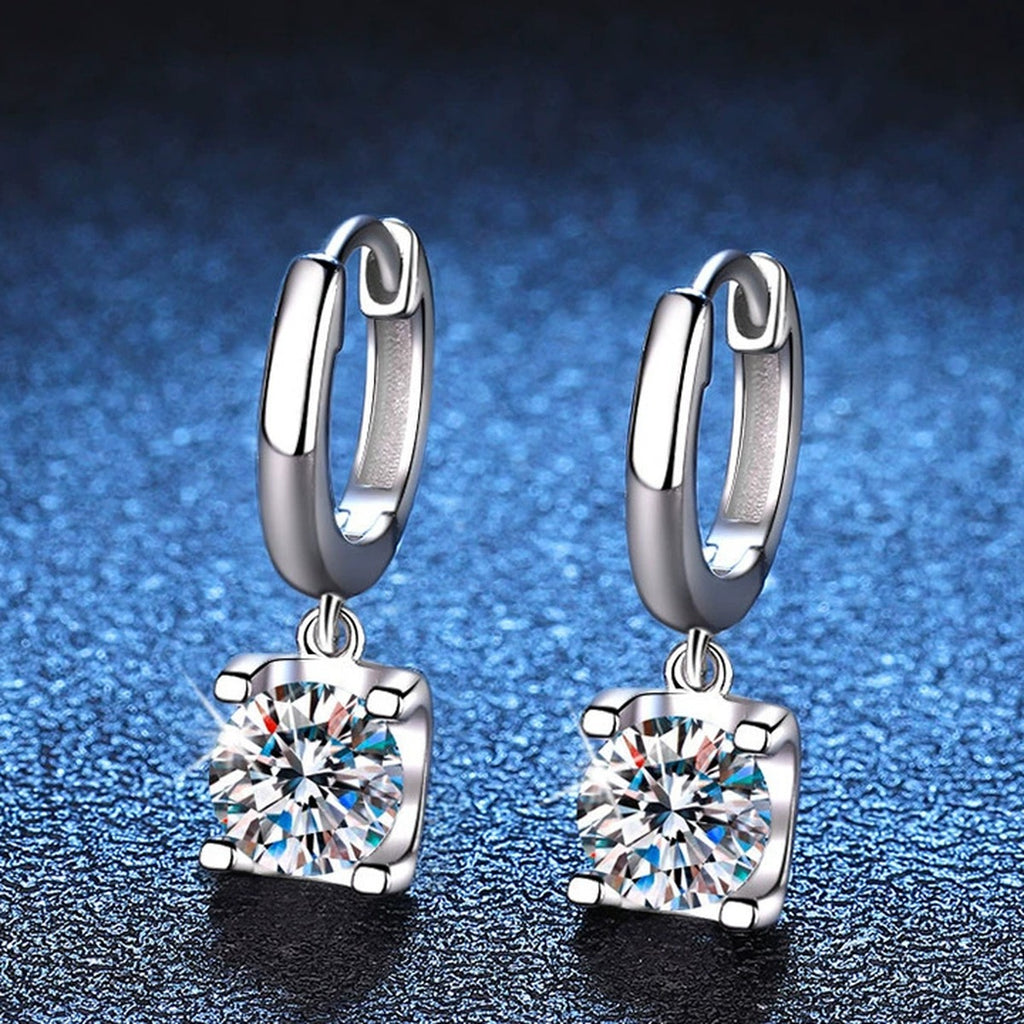 Square Cluster Moissanite Hoop Drop Earrings in White Gold-Plated S925 blue scene close-up view