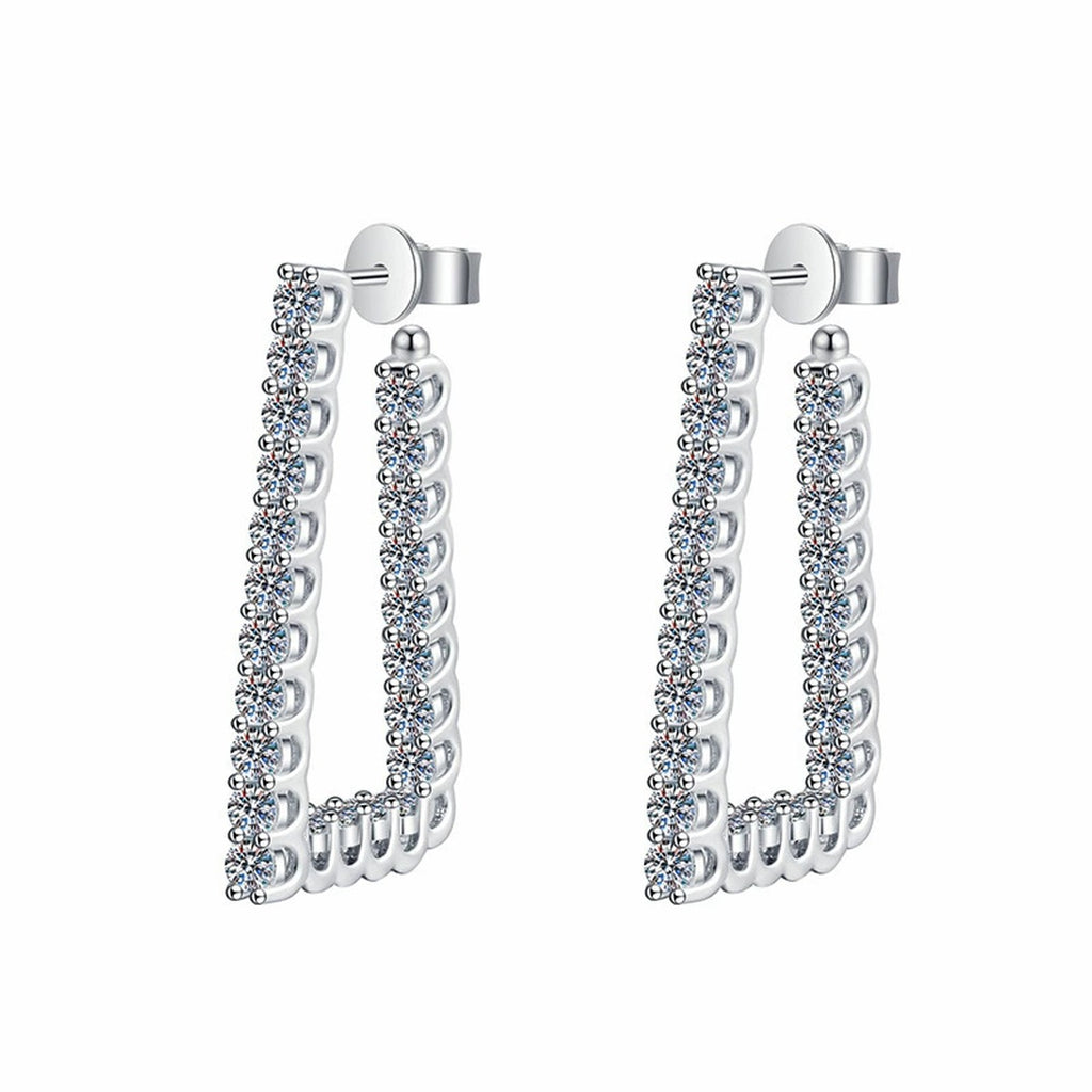 Pave Moissanite Hoop Earrings in White Gold-Plated S925 Sterling Silver on clean white background showing rectangular pave hoop earrings with a polished vertical profile