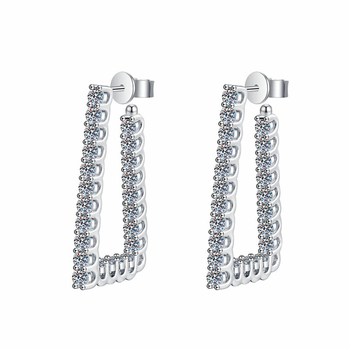Pave Moissanite Hoop Earrings in White Gold-Plated S925 Sterling Silver on clean white background showing rectangular pave hoop earrings with a polished vertical profile