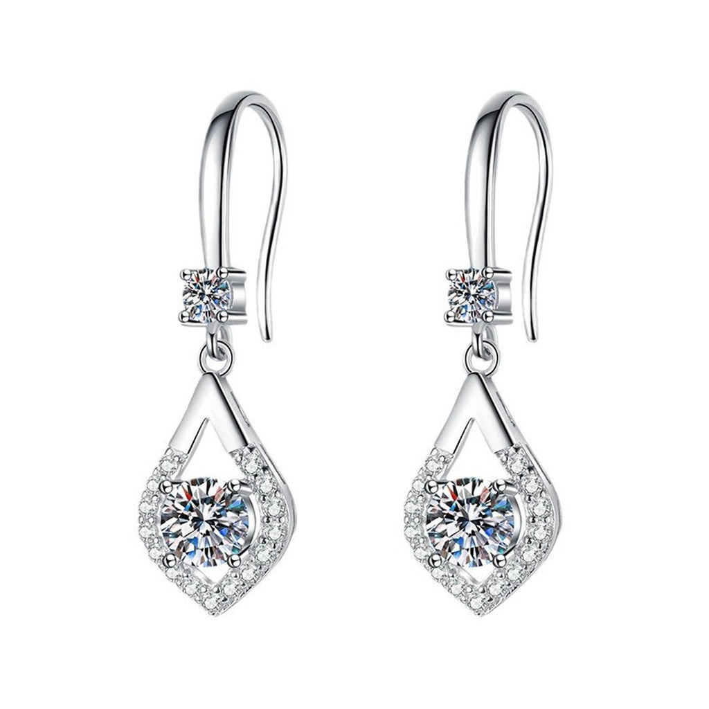 Pear Moissanite Drop Earrings with CZ in White Gold-Plated S925 on clean white background showing pear-shaped drop earrings with slim polished hooks