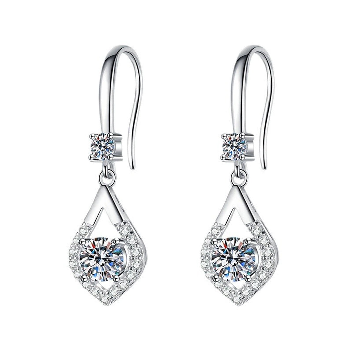 Pear Moissanite Drop Earrings with CZ in White Gold-Plated S925 on clean white background showing pear-shaped drop earrings with slim polished hooks