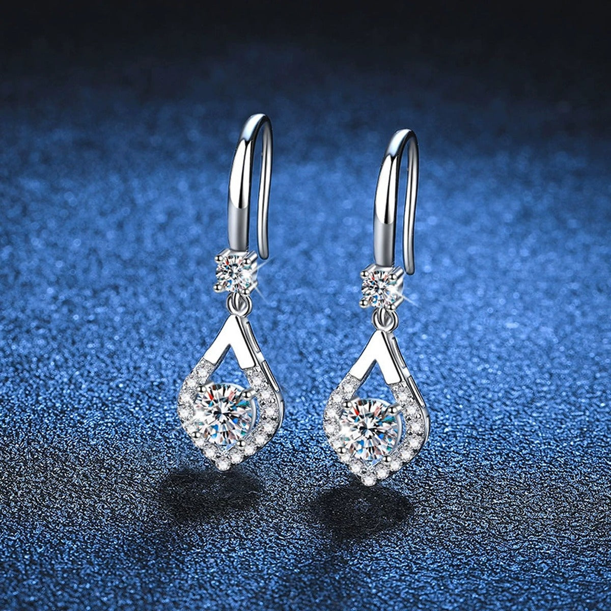 Pear Moissanite Drop Earrings with CZ in White Gold-Plated S925 blue scene product view
