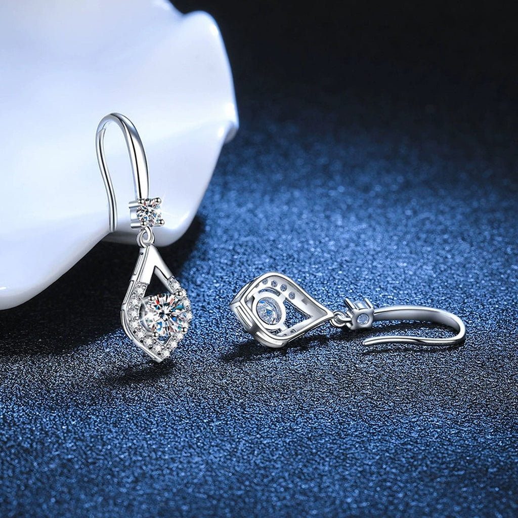 Pear Moissanite Drop Earrings with CZ in White Gold-Plated S925 blue scene close-up view