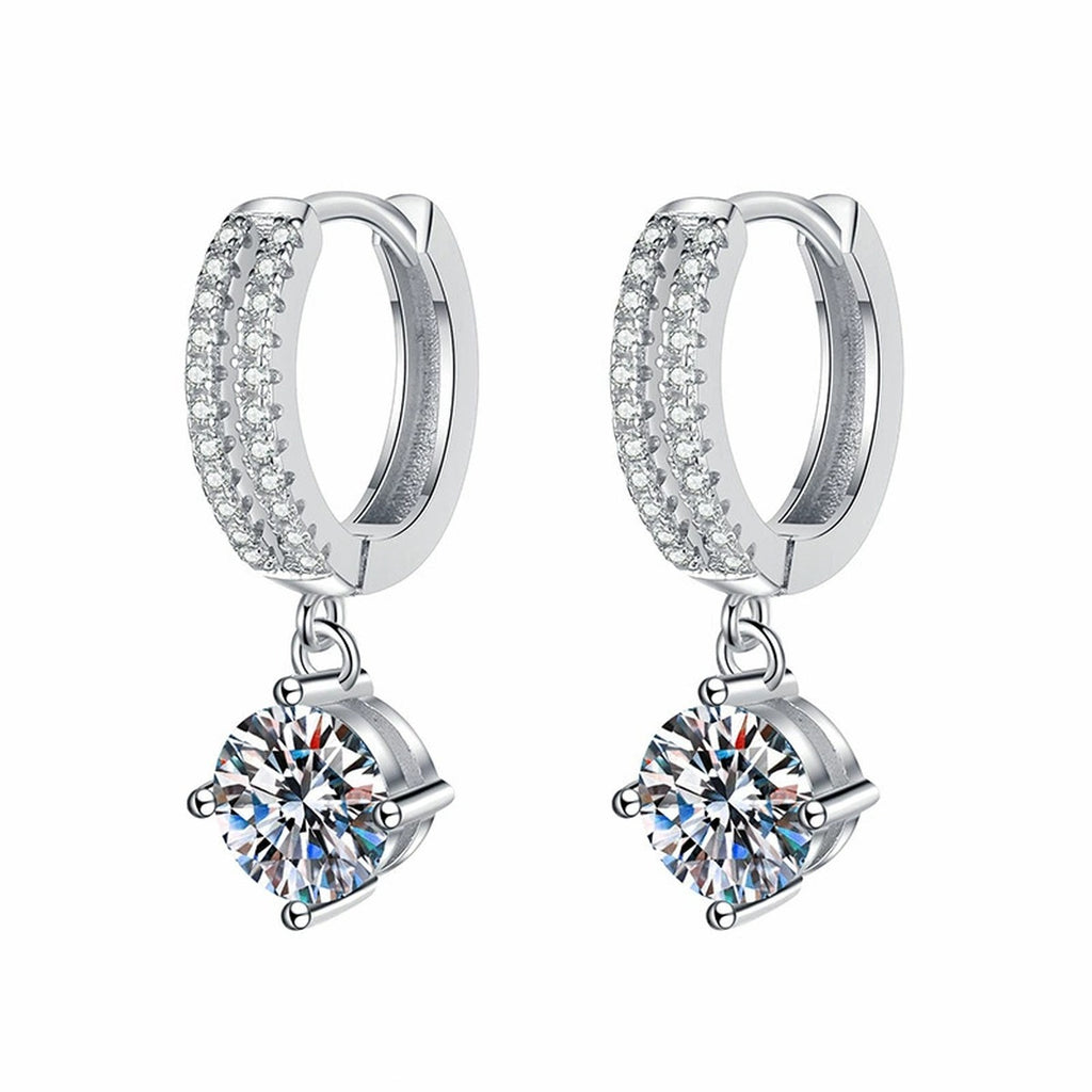Round Moissanite Hoop Drop Earrings with CZ in White Gold-Plated S925 on clean white background showing round moissanite drop earrings with polished hoop tops