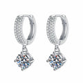Round Moissanite Hoop Drop Earrings with CZ in White Gold-Plated S925 on clean white background showing round moissanite drop earrings with polished hoop tops