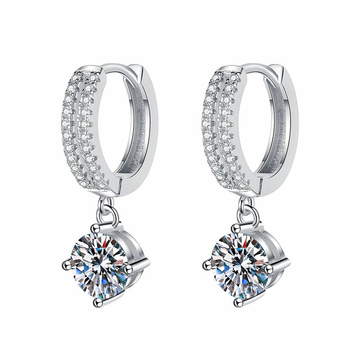 Round Moissanite Hoop Drop Earrings with CZ in White Gold-Plated S925 on clean white background showing round moissanite drop earrings with polished hoop tops