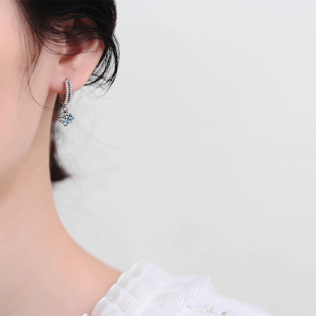 Round Moissanite Hoop Drop Earrings with CZ in White Gold-Plated S925 worn on ear by model