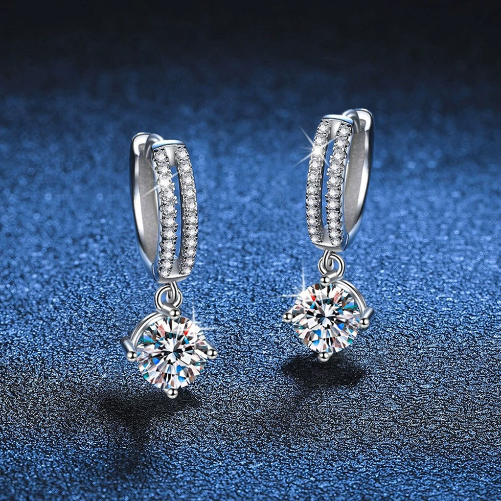 Round Moissanite Hoop Drop Earrings with CZ in White Gold-Plated S925 blue scene product view