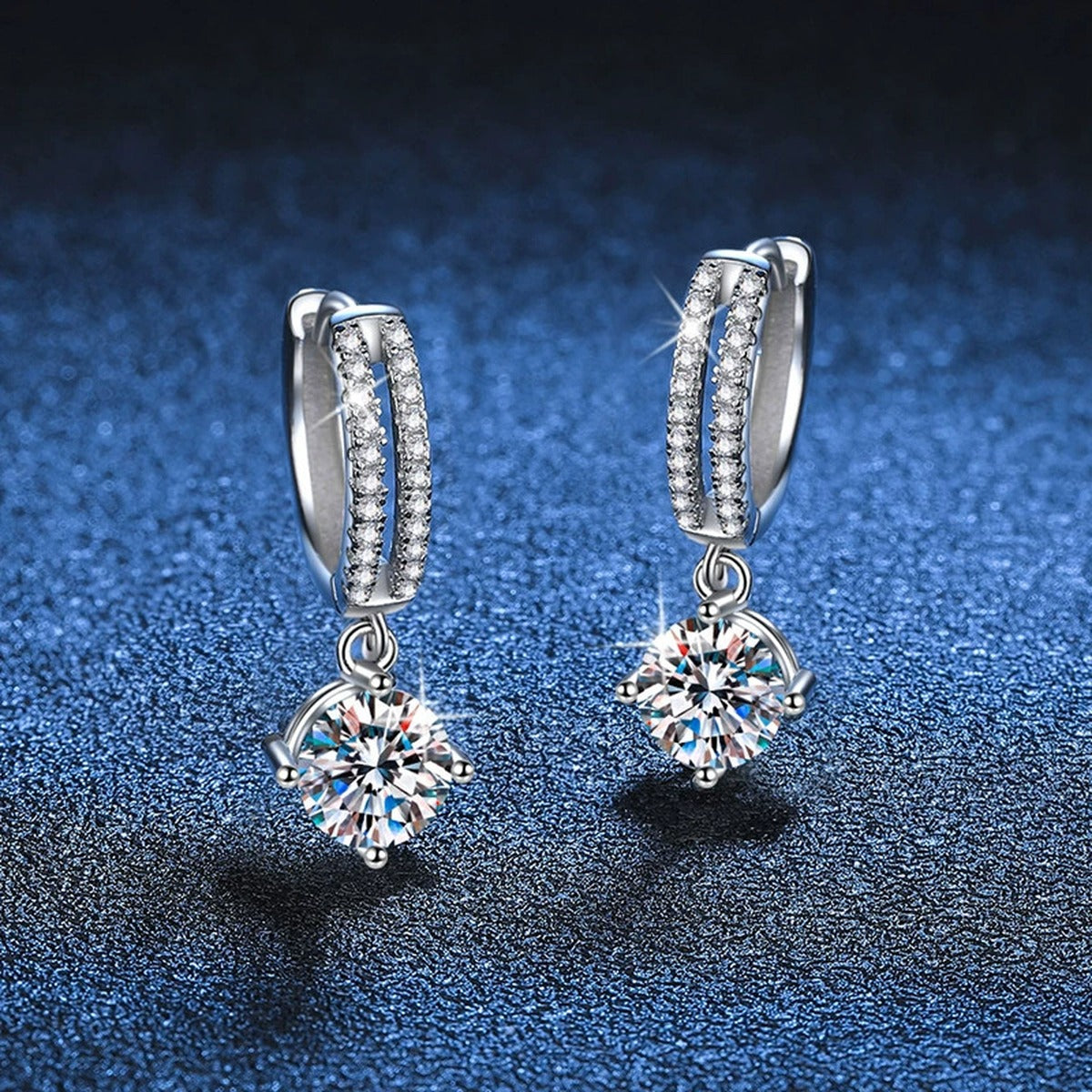 Round Moissanite Hoop Drop Earrings with CZ in White Gold-Plated S925 blue scene product view