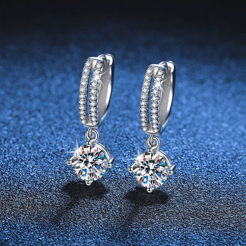 Round Moissanite Hoop Drop Earrings with CZ in White Gold-Plated S925 blue scene angled view