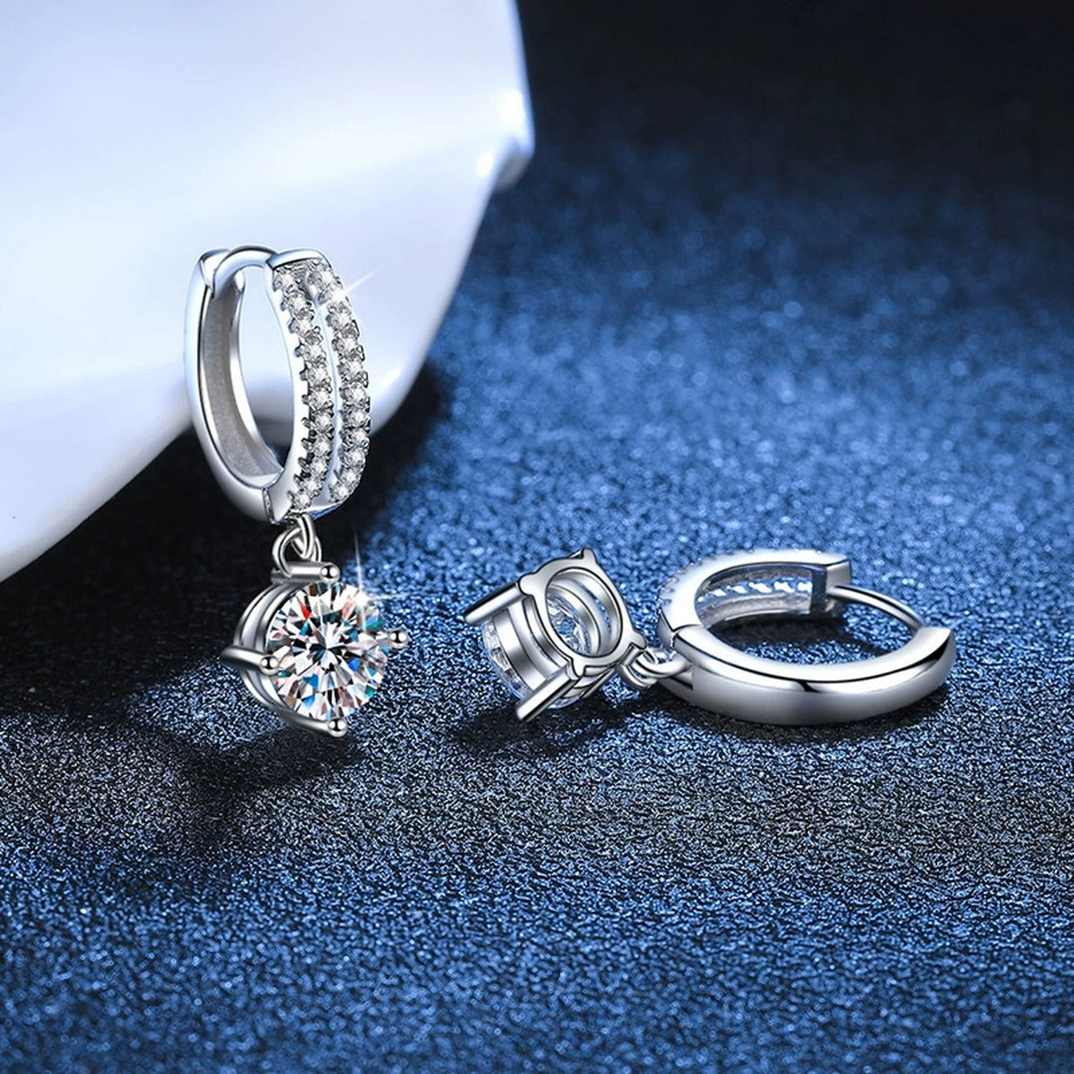 Round Moissanite Hoop Drop Earrings with CZ in White Gold-Plated S925 blue scene close-up view