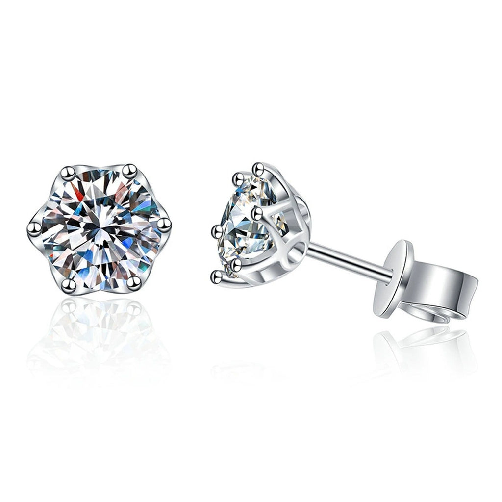 Snowflake Moissanite Stud Earrings in White Gold-Plated S925 Silver on clean white background showing snowflake-inspired cluster studs with a layered round silhouette