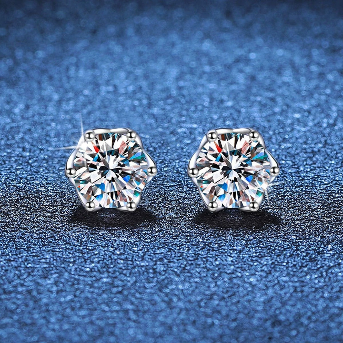 Snowflake Moissanite Stud Earrings in White Gold-Plated S925 Silver blue scene product view