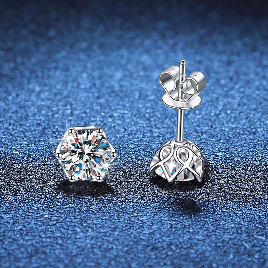 Snowflake Moissanite Stud Earrings in White Gold-Plated S925 Silver blue scene close-up view