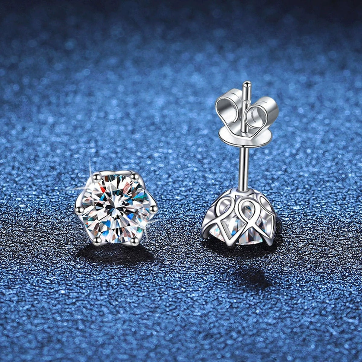 Snowflake Moissanite Stud Earrings in White Gold-Plated S925 Silver blue scene close-up view