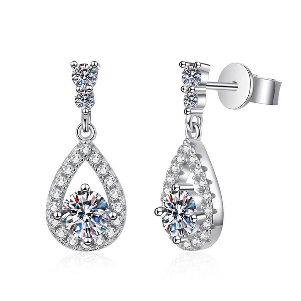 Pear Moissanite Drop Earrings with CZ in White Gold-Plated S925 Silver on clean white background showing petite pear drop earrings with a polished tapered shape