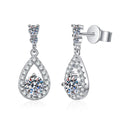 Pear Moissanite Drop Earrings with CZ in White Gold-Plated S925 Silver on clean white background showing petite pear drop earrings with a polished tapered shape