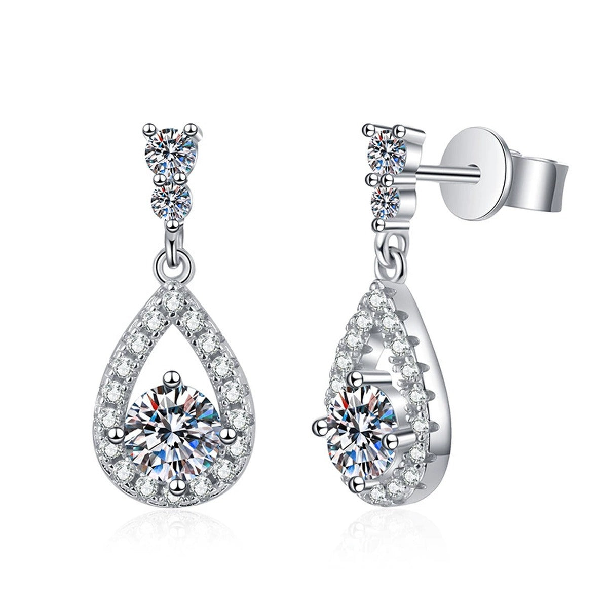 Pear Moissanite Drop Earrings with CZ in White Gold-Plated S925 Silver on clean white background showing petite pear drop earrings with a polished tapered shape