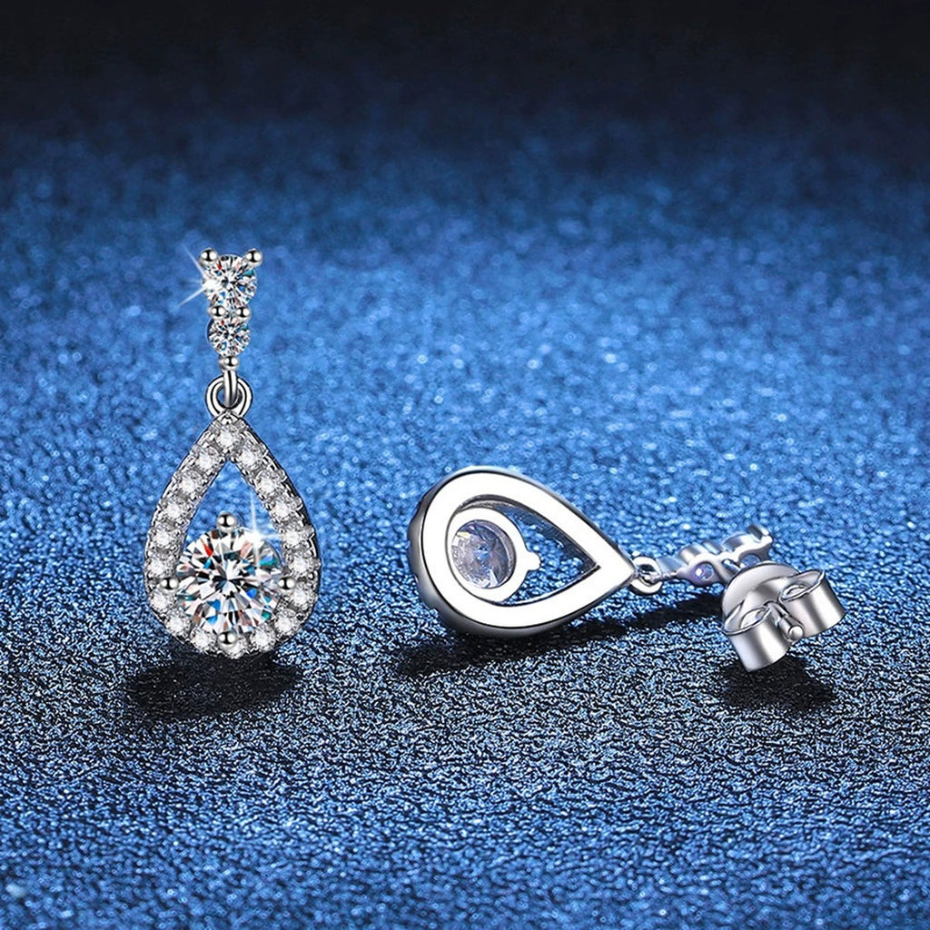 Pear Moissanite Drop Earrings with CZ in White Gold-Plated S925 Silver blue scene product view