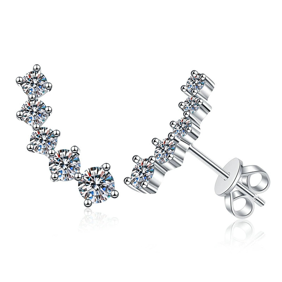 Graduated Moissanite Ear Climber Earrings in White Gold-Plated S925 Sterling Silver on clean white background showing a graduated curved ear climber silhouette