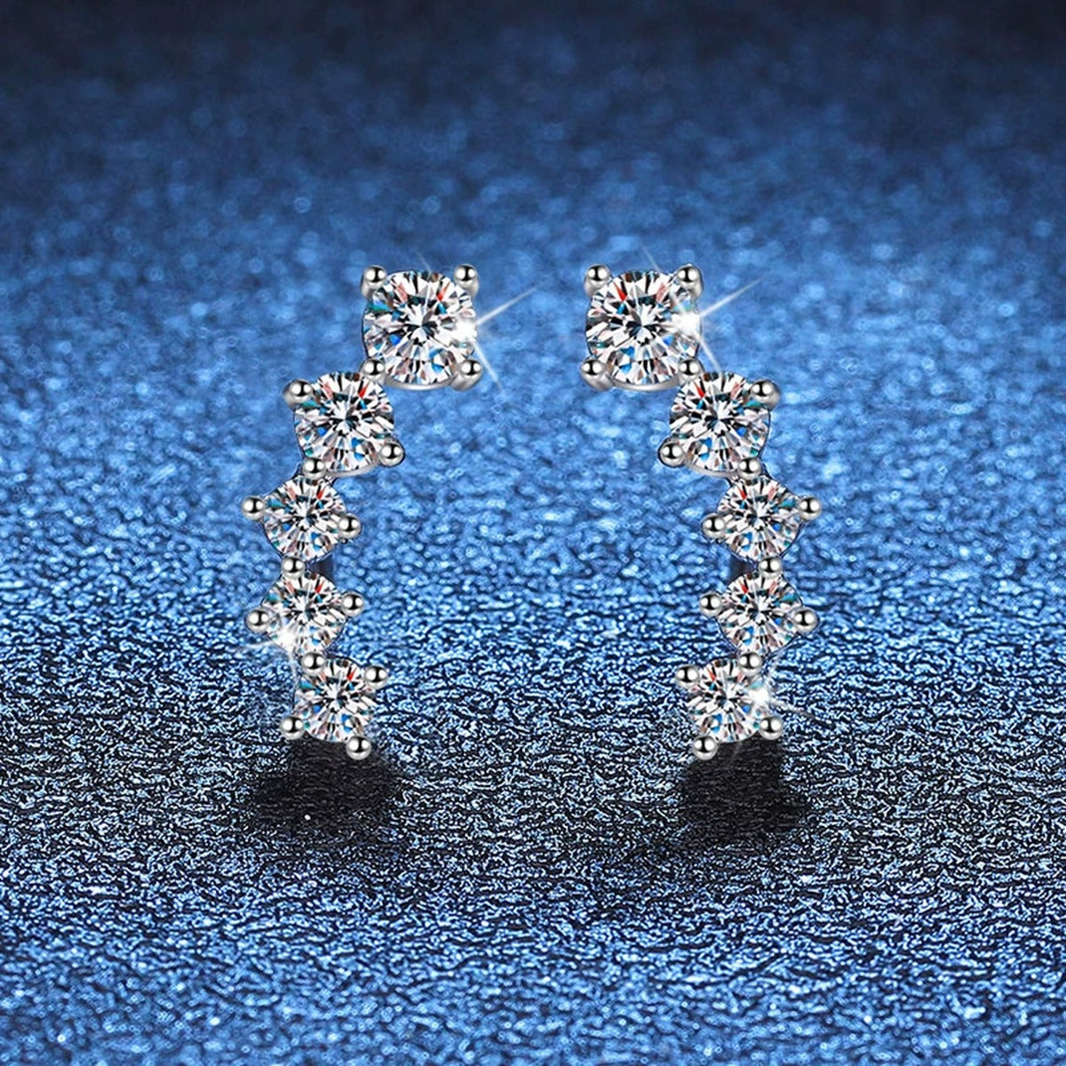 Graduated Moissanite Ear Climber Earrings in White Gold-Plated S925 Sterling Silver blue scene product view
