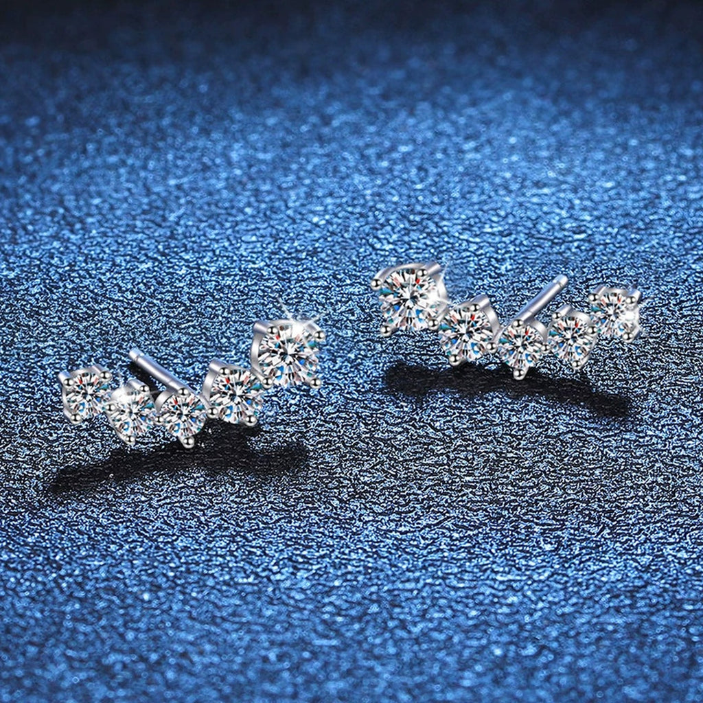 Graduated Moissanite Ear Climber Earrings in White Gold-Plated S925 Sterling Silver blue scene close-up view