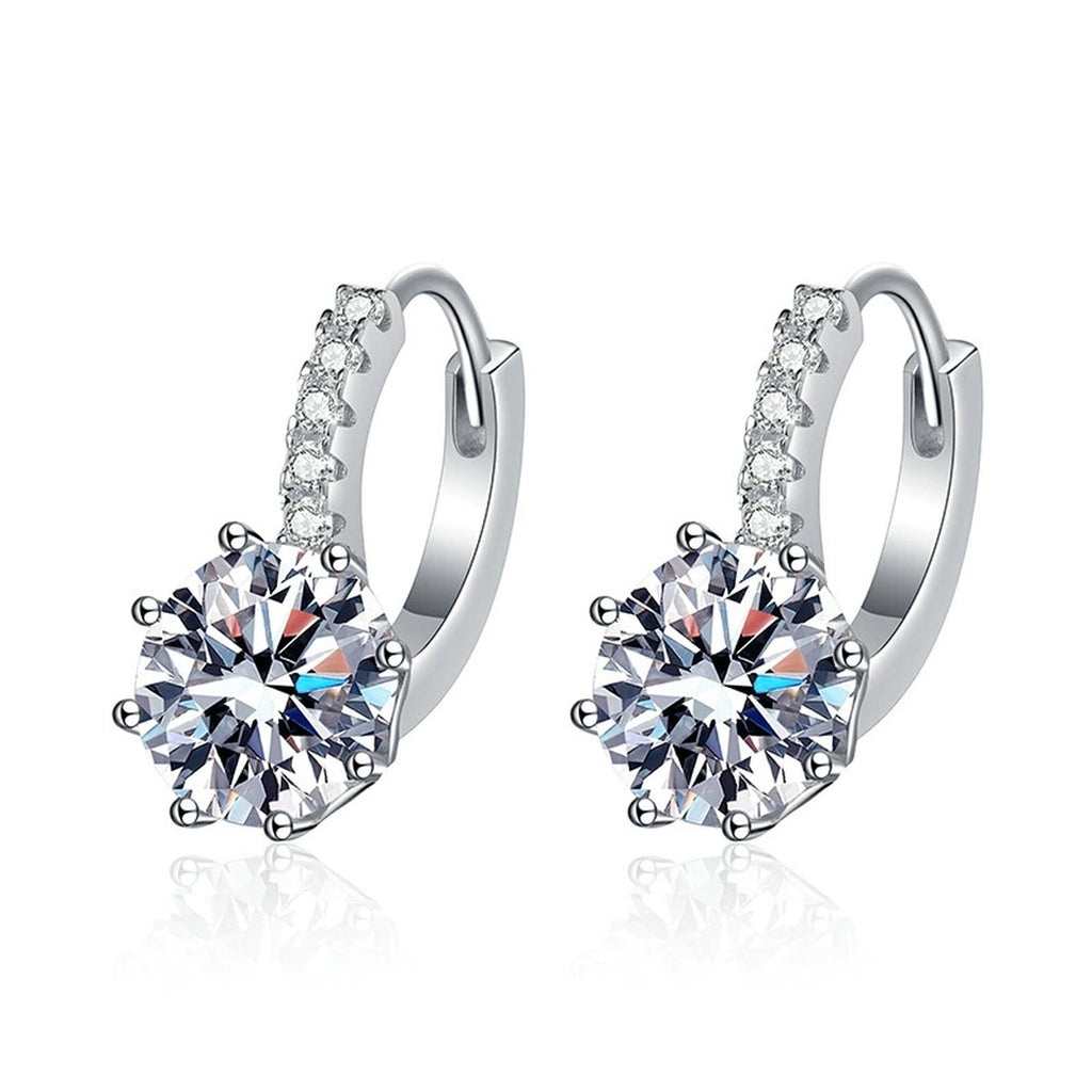 Round Moissanite Hoop Drop Earrings with CZ in White Gold-Plated S925 on clean white background showing bright round moissanite drops beneath polished hoop settings