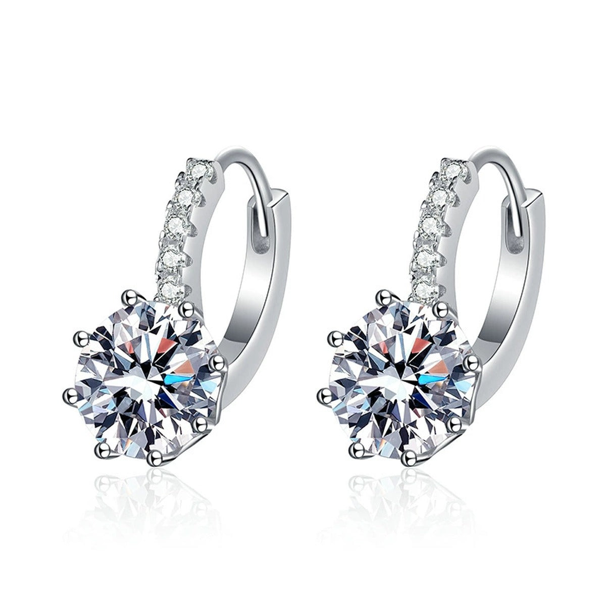 Round Moissanite Hoop Drop Earrings with CZ in White Gold-Plated S925 on clean white background showing bright round moissanite drops beneath polished hoop settings