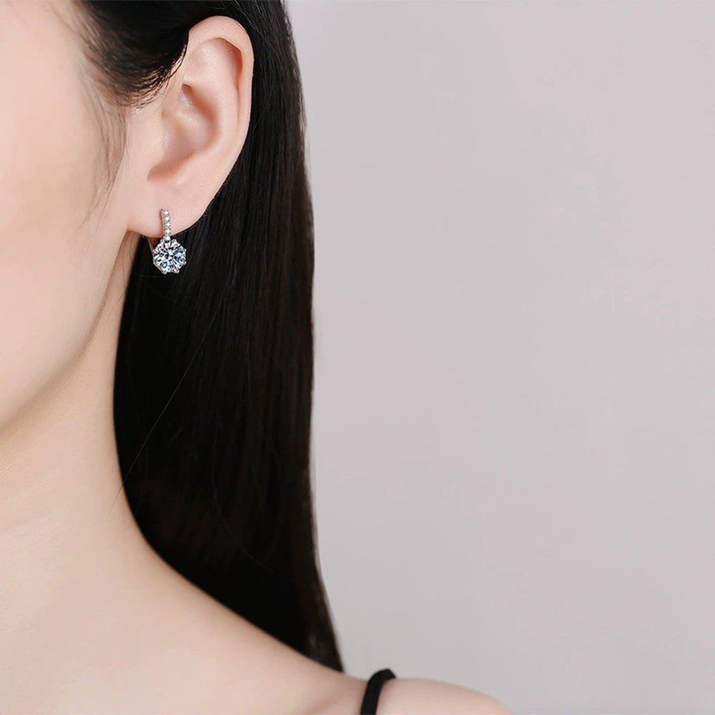 Round Moissanite Hoop Drop Earrings with CZ in White Gold-Plated S925 worn on ear by model