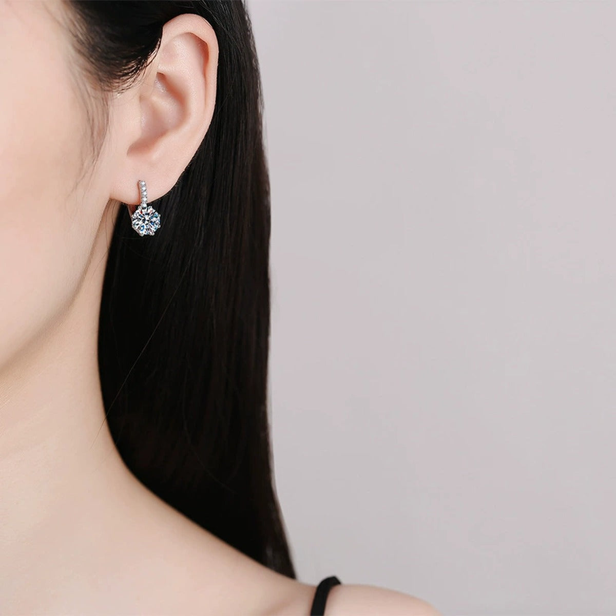 Round Moissanite Hoop Drop Earrings with CZ in White Gold-Plated S925 worn on ear by model