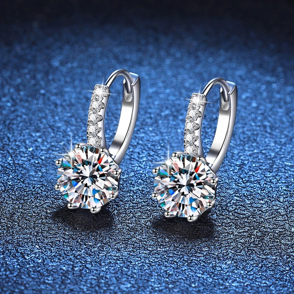 Round Moissanite Hoop Drop Earrings with CZ in White Gold-Plated S925 blue scene product view