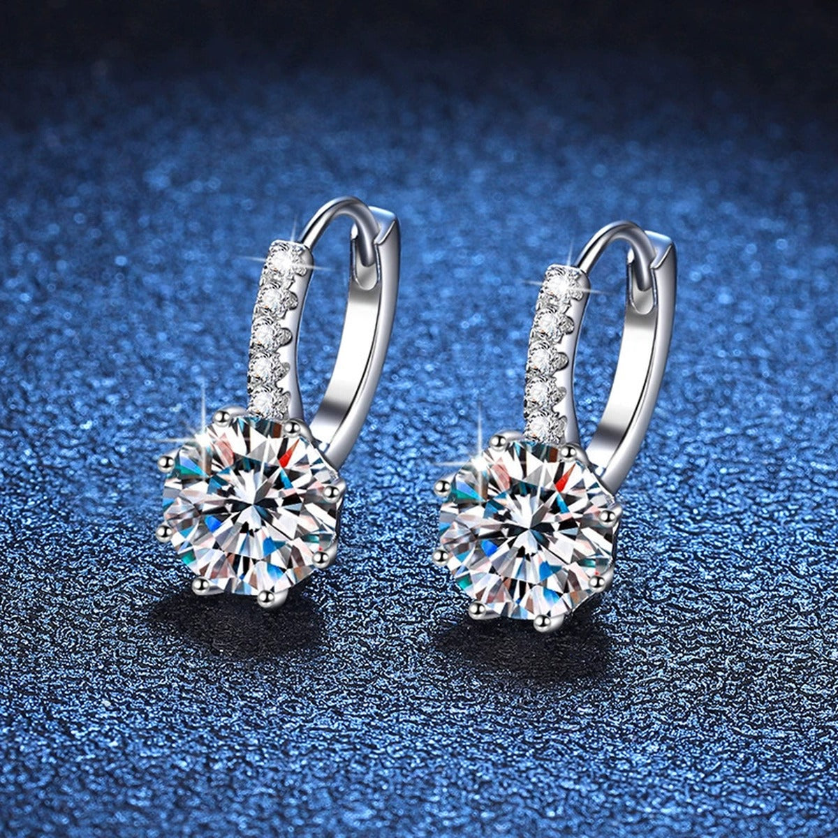 Round Moissanite Hoop Drop Earrings with CZ in White Gold-Plated S925 blue scene product view