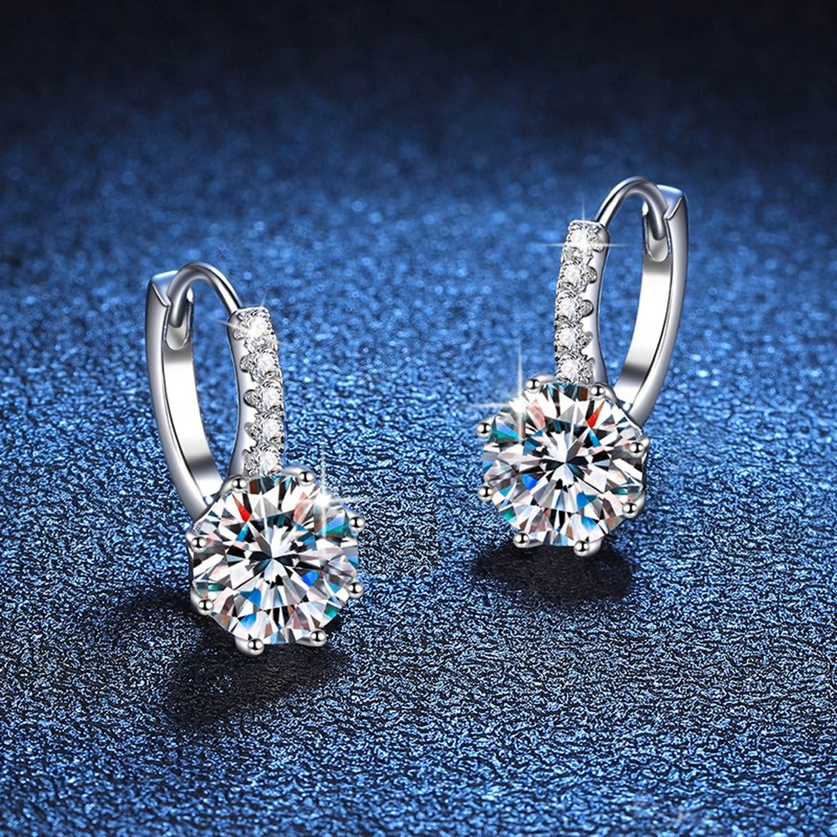 Round Moissanite Hoop Drop Earrings with CZ in White Gold-Plated S925 blue scene angled view