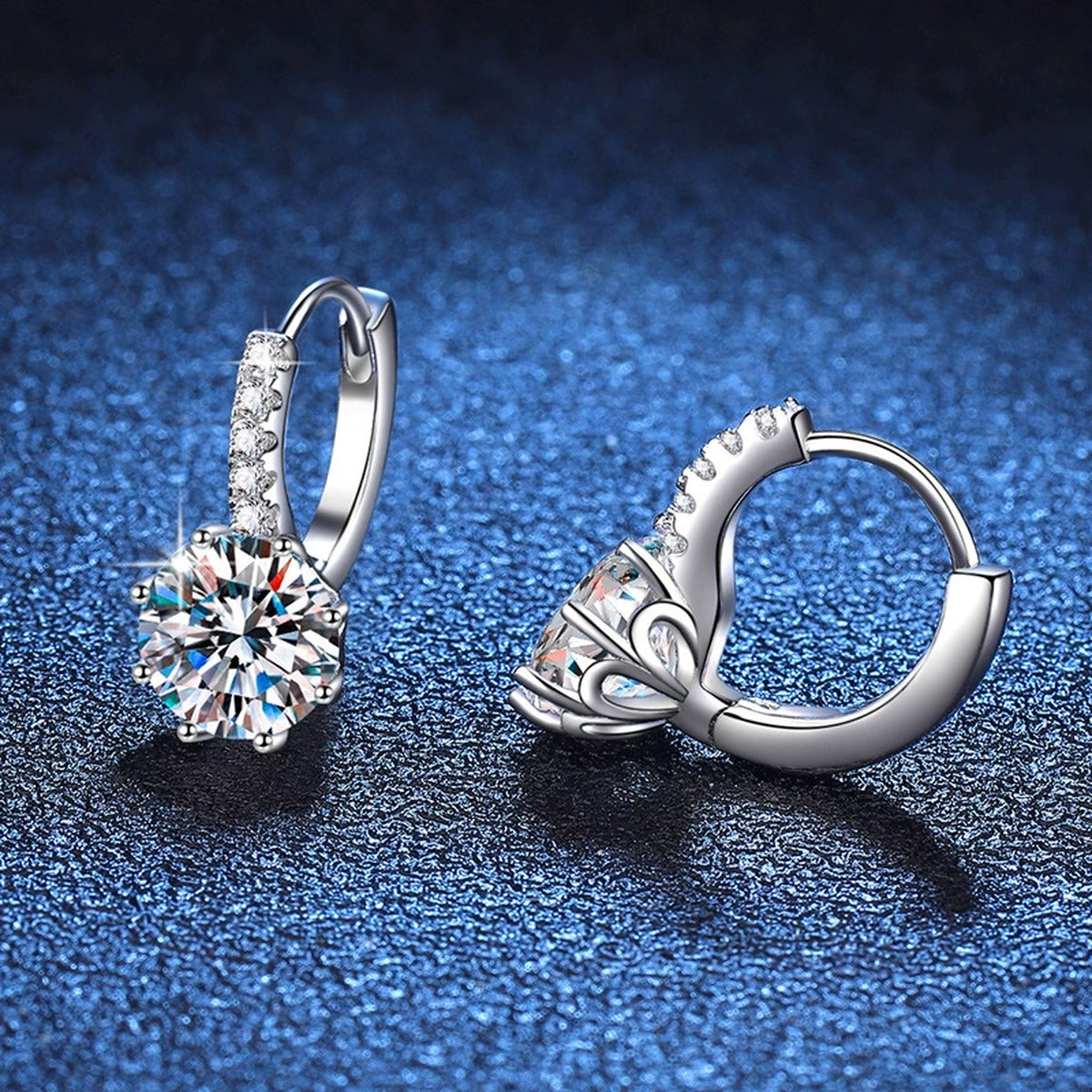 Round Moissanite Hoop Drop Earrings with CZ in White Gold-Plated S925 blue scene close-up view