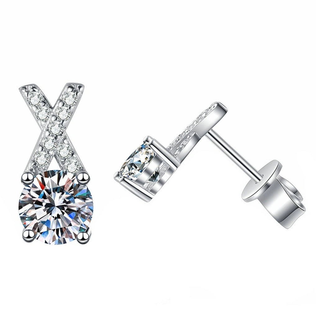 Ribbon Moissanite Stud Earrings with CZ in White Gold-Plated S925 on clean white background showing ribbon-like stud earrings with a centered round moissanite