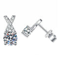 Ribbon Moissanite Stud Earrings with CZ in White Gold-Plated S925 on clean white background showing ribbon-like stud earrings with a centered round moissanite