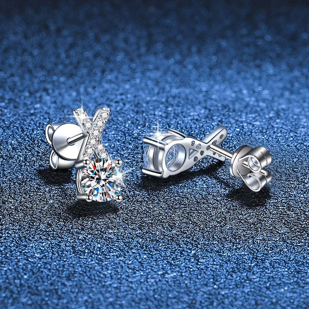 Ribbon Moissanite Stud Earrings with CZ in White Gold-Plated S925 blue scene product view