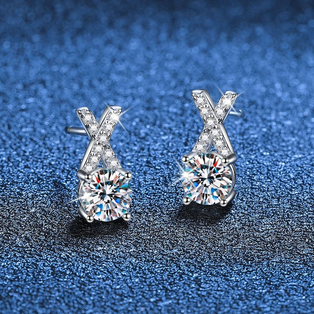 Ribbon Moissanite Stud Earrings with CZ in White Gold-Plated S925 blue scene angled view
