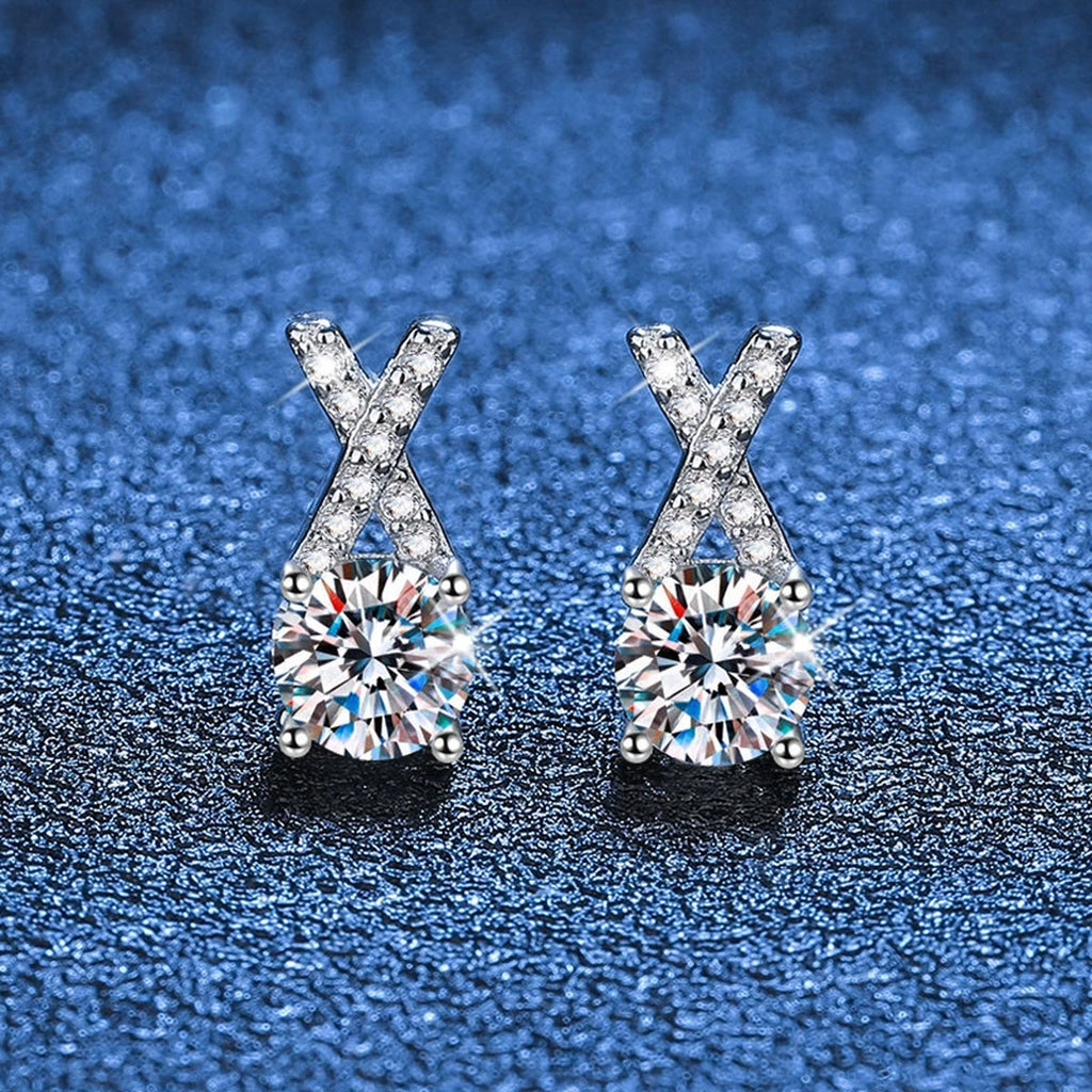 Ribbon Moissanite Stud Earrings with CZ in White Gold-Plated S925 blue scene close-up view
