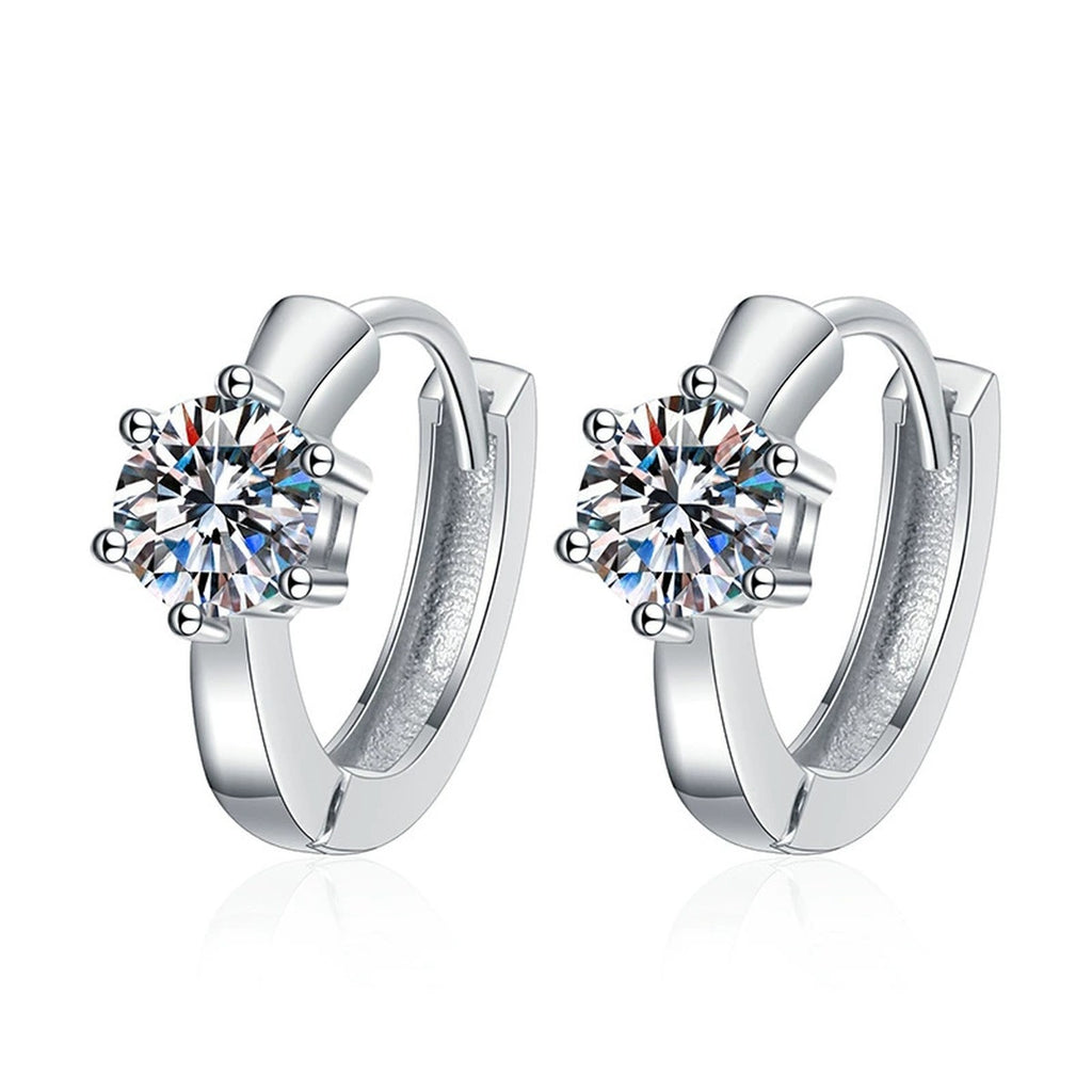 Round Moissanite Huggie Earrings in White Gold-Plated S925 Silver on clean white background showing compact huggie earrings with a front-facing round moissanite