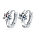 Round Moissanite Huggie Earrings in White Gold-Plated S925 Silver on clean white background showing compact huggie earrings with a front-facing round moissanite