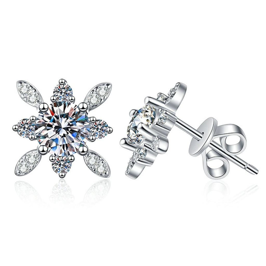 Floral Starburst Moissanite Stud Earrings with CZ in White Gold-Plated S925 on clean white background showing starburst floral studs with clustered moissanite sparkle